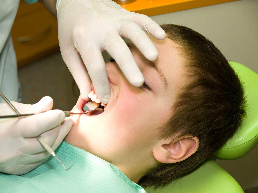 little boy having his teeth checked at the dentist